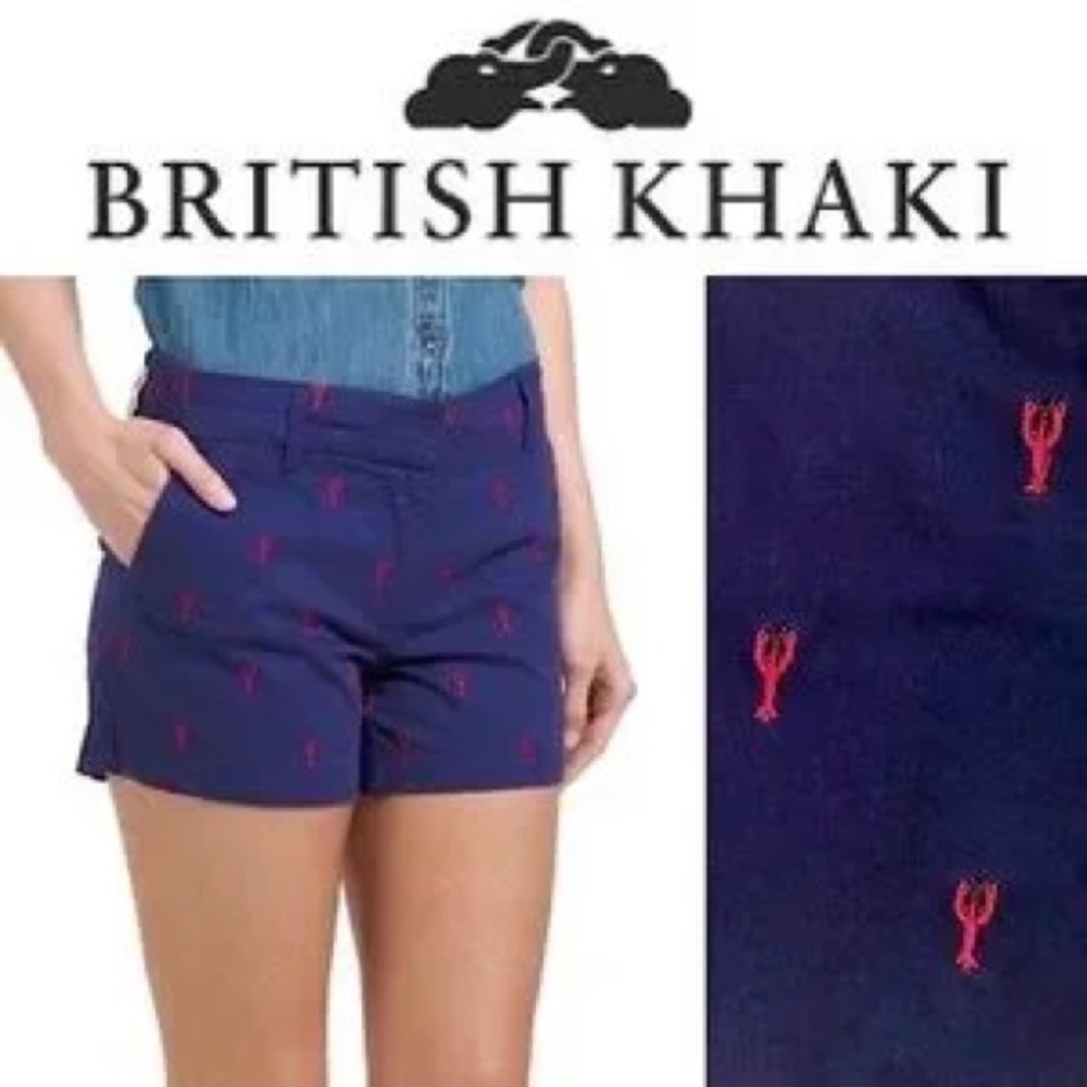 British Khaki Women's Navy Shorts with Red Lobster Print
